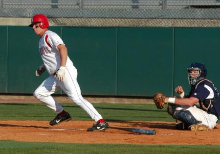 Judson Powers heads towards first base after making contact during Union's series win over Lambuth. - Photo by Steven Aldridge