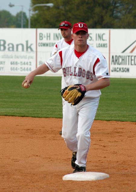 Bryan Wagner covers first during pitcher's fielding practice prior to a Union game. - Photo by Steven Aldridge