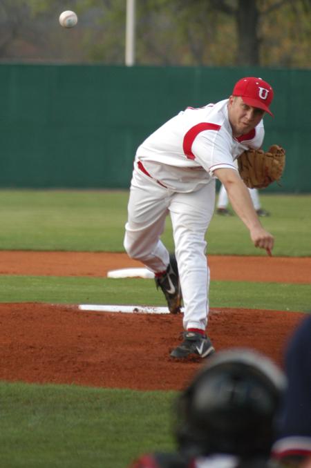Greg Abram makes a pitch to a Lambuth hitter during Union's weekend series win. - Photo by Steven Aldridge