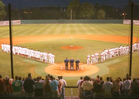Fesmire Field under the lights in the openging game of the 2007 TranSouth Conference Tournament featuring Union University and Cumberland University in front of an attendance 800. - Photo by Steven Aldridge