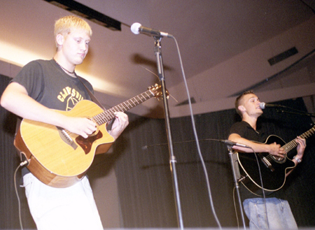 Nathan Loxley and Logan Creasy perform at the Freshman Variety Show during New Student Orientation.
 - Photo by Mykle Harchfield Johnson