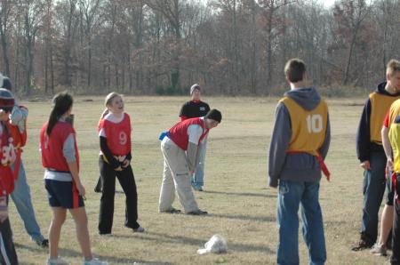 The Sophomore class enjoys playing flag football with a turkey at the annual Turkey Bowl. - Photo by Holly Gushee