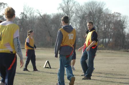 The Sophomore class enjoys playing flag football with a turkey at the annual Turkey Bowl. - Photo by Holly Gushee
