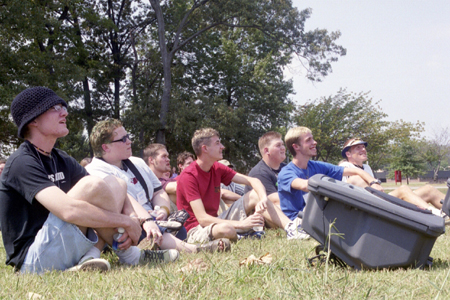 Freshmen Josh McDonald, Jolene Shank, Troy Wallach, Ben Austin, Jonathan Blair, Chris Lyles, and Patrick Myers enjoy the music of Eclipse at the FOCUS-Festival during New Student Orientation.   

 - Photo by Kasey Carty-Campbell