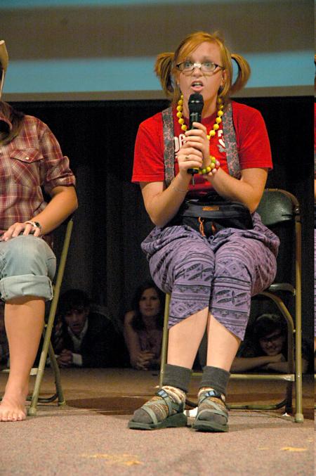 Senior Kinsey Bolinger, Biblical studies languages major, participates in the dating game during the Focus Show.  - Photo by Matthew Diggs