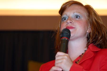 Kinsey Bolinger played hostess during the SAC game show at orientation. - Photo by Stephanie Schroeder