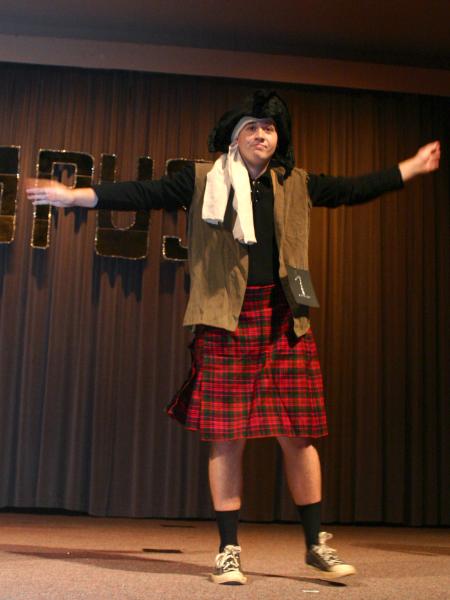 Junior Jonathan Lambach dances at the beginning of Mr. Campus, an event sponsored by PRSSA. - Photo by Stephanie Schroeder