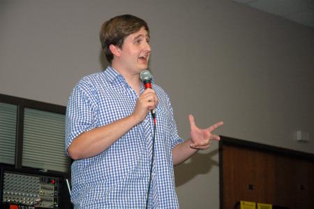 Senior Tyler Whetstone participated in Open Mic night by telling a few funny stories about he and his grandpa.  - Photo by Neisha Fuson