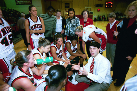Head Coach Mark Campbell gives instructions during a timeout. - Photo by Lindsay Stavish