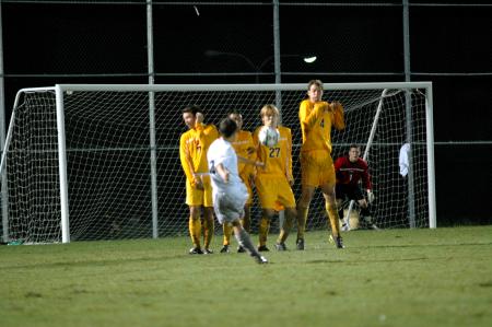 Junior Josh Hanna's challanges four Trevecca Nazarene defenders during a free kick in Union 2-1 win. - Photo by Matt Elia