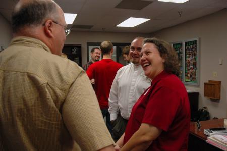 Mr. and Mrs. Kim North, part of Union's new missionary-in-residence family, visit with faculty and staff during this year's missionary reception.  - Photo by Neisha Fuson