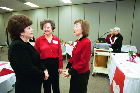 Susan Jacob (right) and Joyce Henderson (center) talk with Kim Johnson ('84 - left) of the Madison County Public Health Department prior to <i>Where is the Heart of Nursing? The Beat Goes On</i> during Homecoming 2003. - Photo by Jim Veneman