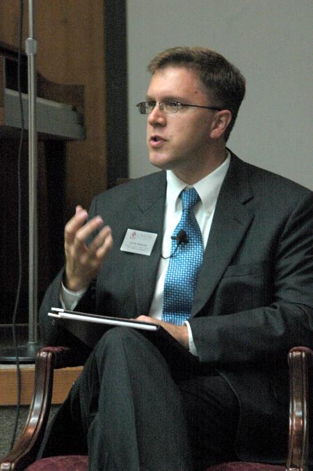 Justin Barnard, director of the Carl F.H. Henry Center for Christian Leadership, discusses the Jena Six case during a forum held in Harvey Hall. - Photo by Matthew Diggs