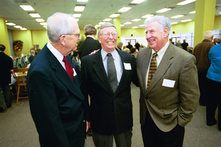 Former Union football players Jack Hilliard ('50), Bill Gregory ('50), and Buford Matlock ('50) fellowship after the Homecoming 2003 awards luncheon. - Photo by Jim Veneman