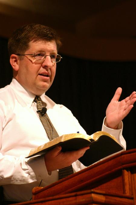Ray Van Neste, associate professor of Christian studies, delivers a message during a chapel service. - Photo by Stephanie Schroeder