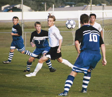 Zeb Crane, freshman midfielder, and Josue Tuchez, senior midfielder, helped defend the Bulldogs against Covenant College at the Jackson College Soccer Challenge Saturday, Aug. 31.  Union lost 3-2. - Photo by Kristen Hiller