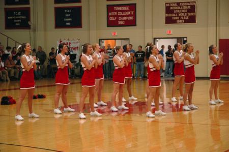 The Union cheerleaders performed a cheer and a dance during the halftime break of the 2007 Homecoming game.  - Photo by Neisha Fuson