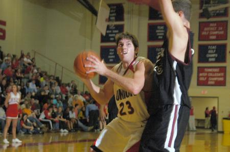 Union senior Ryan Merriman goes up for a shot in a game versus Campbellsville University (Ky.). - Photo by Matthew Diggs