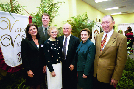 Homecoming 2003 included the recognition of this year’s Alumni Award winners at a luncheon on Saturday. Pictured here from left to right are winners Teresa Luna, Kevin Troy Sheilley, Greta Pearson, Wayne Pearson, Jane Betts, and Russell Wayne Mayfield. - Photo by Jim Veneman