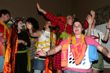 The Senior Class performs a karaoke number during the Costume Coffee House. - Photo by Stephanie Schroeder