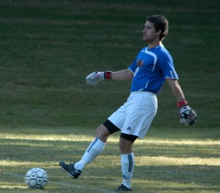 Jamie Ewings kicks the ball back to his teammates from the goalie box. - Photo by Steven Aldridge