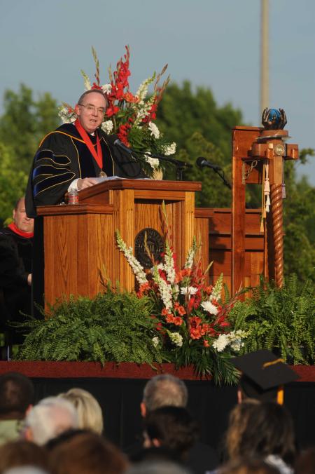 Dr. David S. Dockery addressed friends of Union at the Commencement Services 2008.  &ldquo;It appeared highly unlikely that we would be here tonight, or that we would find a way to finish the spring semester,&rdquo; Dockery said in his introductory remarks, referencing the Feb. 5 tornado that decimated the Union campus and caused a two-week interruption in the semester. &ldquo;By God’s grace, here we are.&rdquo; - Photo by Morris Abernathy
