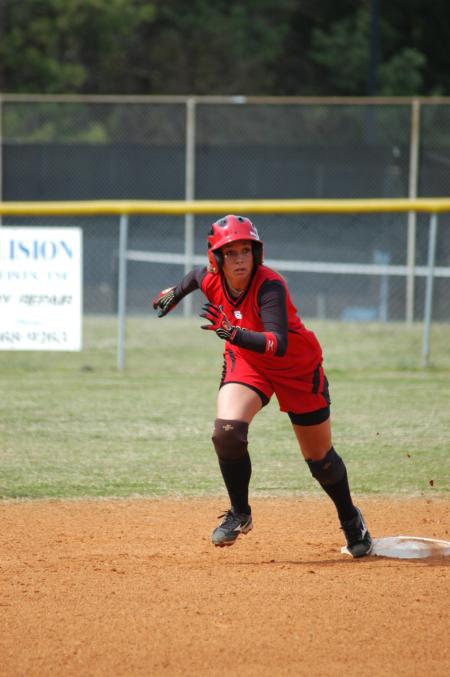 Brittany Burkett moves off of second base as the pitch has been delivered to the plate. - Photo by Steven Aldridge