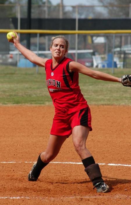 Amy Chatham goes through her windup before delivering a pitch in Union's win at Lambuth. - Photo by Steven Aldridge