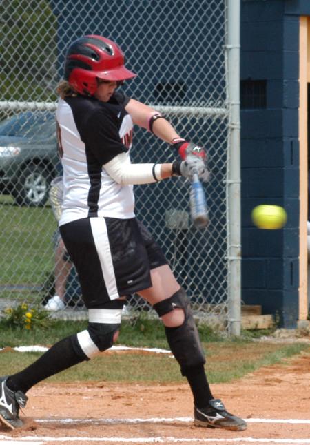 Ashley Blankenship makes contact with a pitch in Union's win at Mid-Continent. - Photo by Steven Aldridge