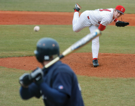 Union junior pitcher Nash Powell (14) pitches in game versus Lambuth. - Photo by Justin Veneman