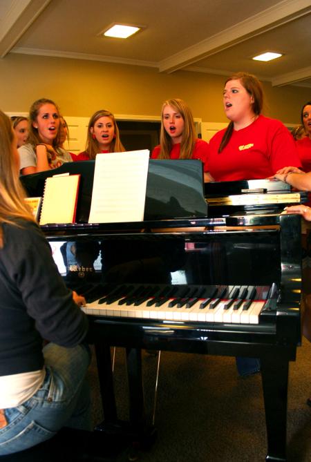 The ladies of Chi Omega practice for All Sing which will occur on Family Weekend.  Greek groups and independents will join together to put on a great show for All Sing. - Photo by Kristi McMurry Woody