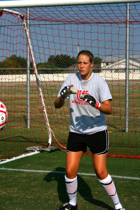 Laura Pla practices in the goal before a big rivalry game against Freed-Hardeman University. - Photo by Kristi McMurry Woody