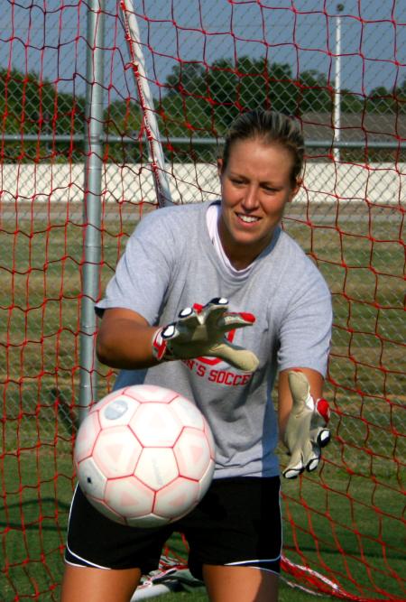 Laura Pla practices in the goal before a big rivalry game against Freed-Hardeman University. - Photo by Kristi McMurry Woody