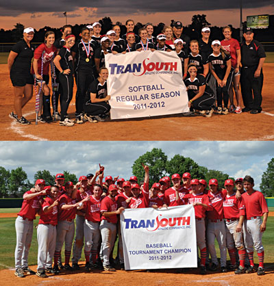 Softball (top) and baseball (bottom) teams celebrating victory